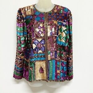 Laurence Kazar New York Womens Colorful Beaded Sequin Silk Lined Cardigan Size S